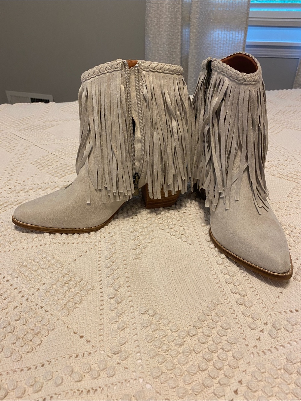 BEAST FASHION Light Gray Suede Fringe Ankle Boots